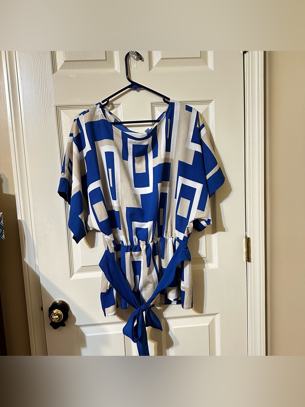 New York & Company Blue and White Geometric Tie-Front Blouse